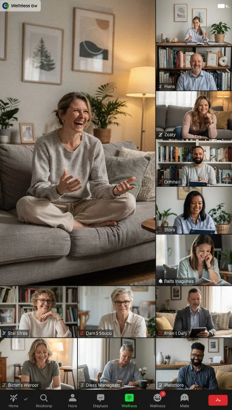 Idősebb felnőttek, akik örömmel végzik a metabolizmus fokozását célzó gyakorlatokat egy online órán.