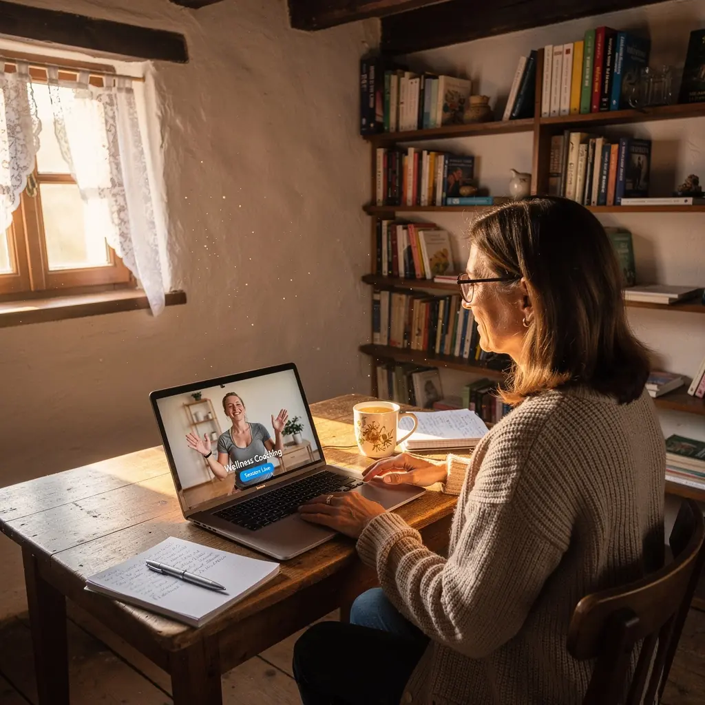 Online wellness program interaktív résztvevőkkel a képernyőn.